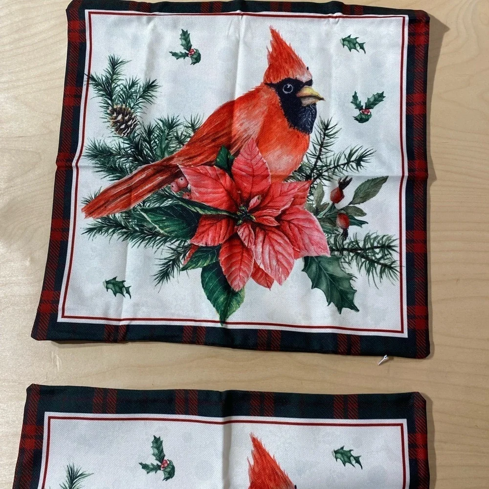 Set of 2 Festive Cardinal Holiday Pillow Covers 17” x 17” - Red and Green (MV)